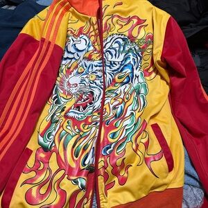 Ed Hardy Christian Audigier Yellow and Red Bomber Jacket Siberian Tiger In Flame
